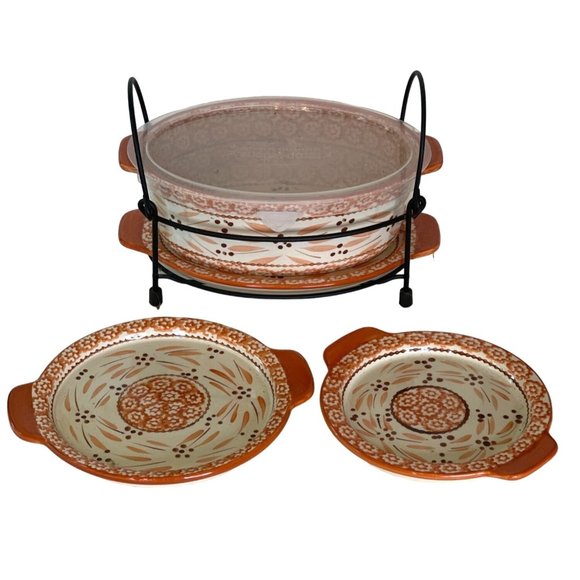 Casserole Trivet Dish 3 Plates Metal Stand 6pc Temptations by Tara Old World 2 - Picture 1 of 13